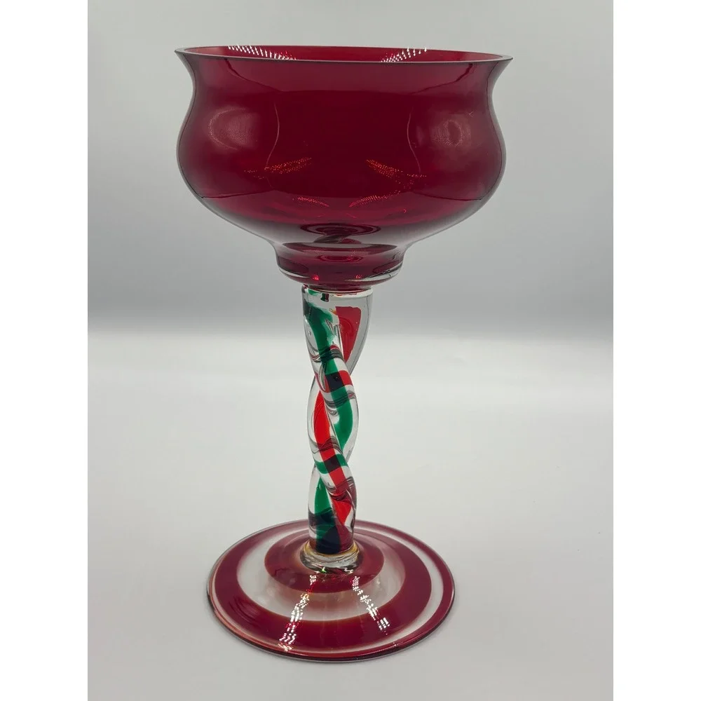 Hand Blown Poland Glass Goblet Red Green White Twisted Stem Spiral‎ Base Holiday